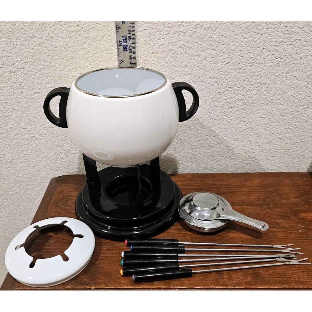 Vintage Roshco Enamel 10 Piece Fondue Set White Black Mid Century Retro Kitchen